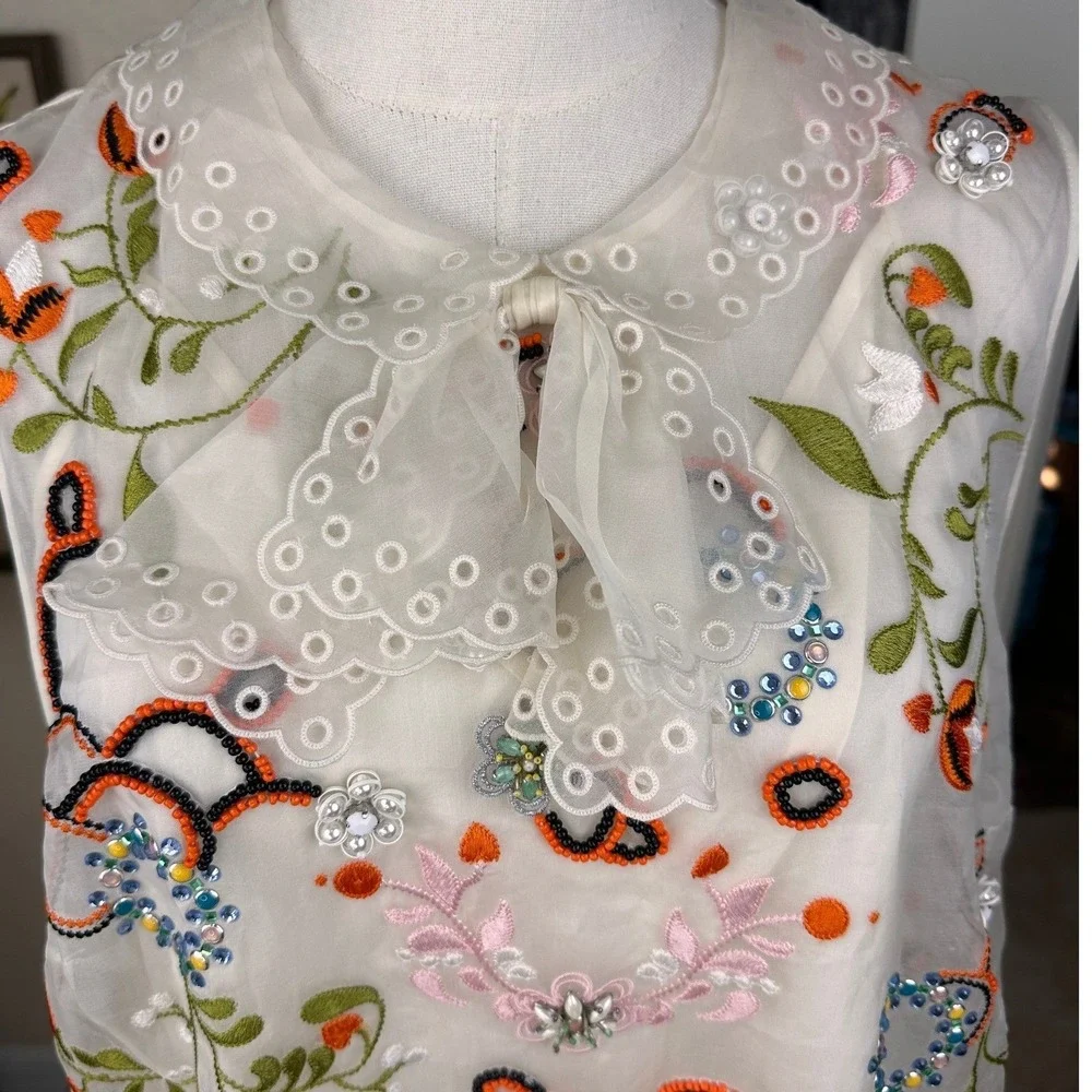 Tory Burch SZ 12 Floral‎ Embroidered Beaded Silk Top Lace Peter Pan Collar Ivory